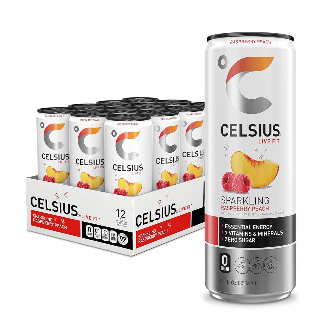 CELSIUS Sparkling Raspberry Peach, Sugar Free Energy Drink, 12 Fl Oz (Pack of 12) Exp 02/27