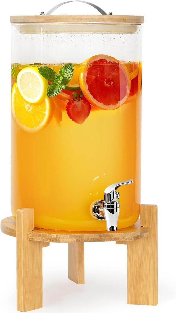 WILLOW WEAVE 2.1 Gallon Glass Drink Dispensers for Parties, Beverage Dispenser with Stand & Leak-Proof Spigot, Lemonade or Juice Dispenser for Parties, Bars or Events, 8L