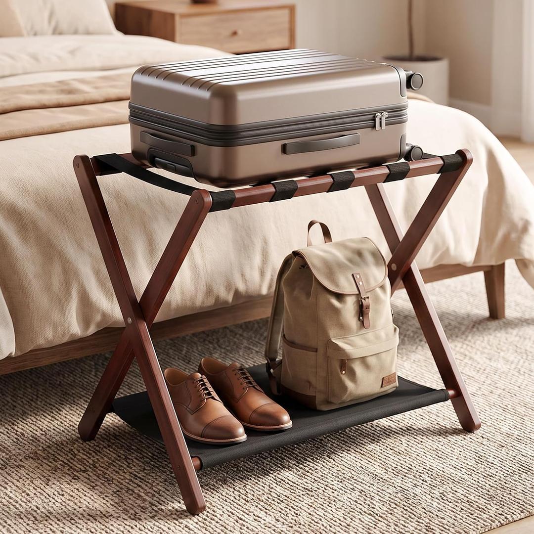 Luggage Rack, Foldable Suitcase Stand with Storage Shelf, Easy Assembly, Heavy Duty Travel Bag Holder for Guest Room, Bedroom, Hotel, Walnut (1 Pack)