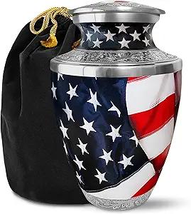 American Flag Cremation Urns for Human Ashes with Velvet Bag - Handcrafted Aluminum Funeral Memorial Burial Urn for Ashes Adult Male and Female (Large)