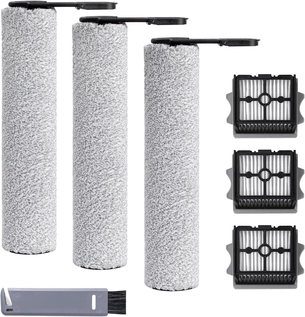 Roller Brush and Filter Replacement Compatible with Tineco Floor One Stretch S6 Cordless Vacuum Cleaner, Replacement Parts Include 3 Brush Rollers, 3 Filters
