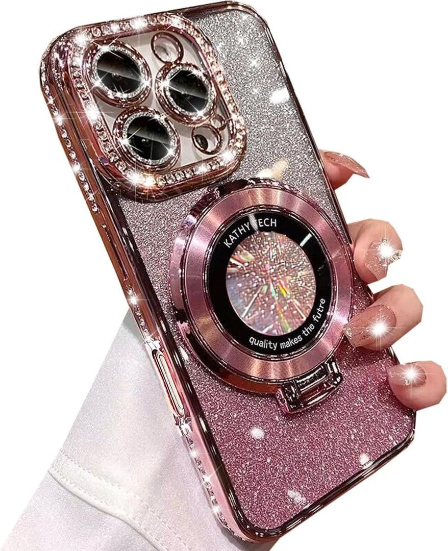 Changjia Magnetic Kickstand Glitter Case for iPhone 16 Pro Max,[Compatible with Magsafe] Luxury Bling Sparkly Diamond Rhinestones with Camera Protector Women Girls Case for iPhone 16 Pro Max 6.9",Pink