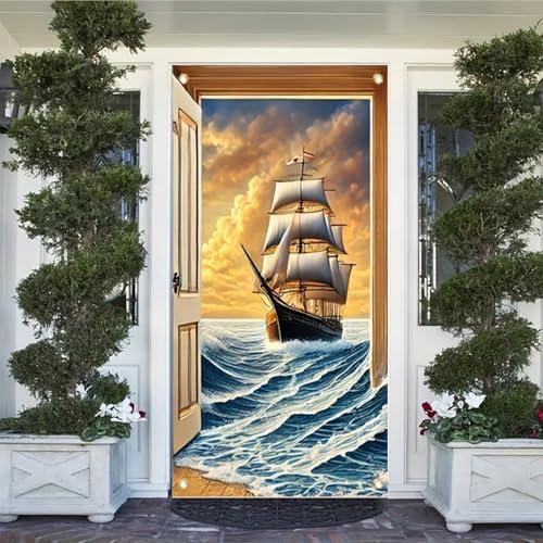 Tomhong Ocean Sailing Door Cover Banner 71x35 Inch Vintage Ship on Waves Nautical Sunset Scene Decoration Indoor Outdoor Front Door Porch Home Decor