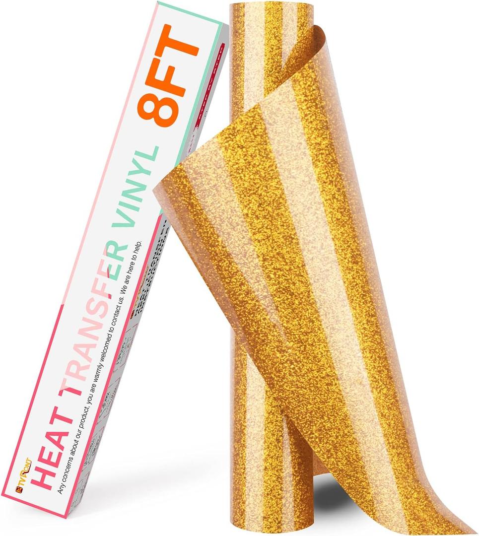 HTVRONT Gold Glitter HTV Heat Transfer Vinyl Rolls - 10" x 8ft Gold Glitter HTV Vinyl for Shirts, Glitter Iron on Vinyl for All Cutting Machine - Easy to Cut & Weed for Heat Vinyl Design (Gold)