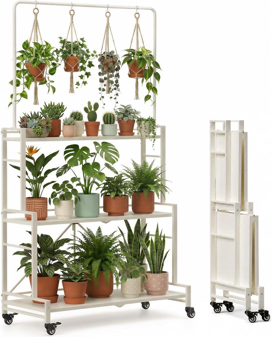 DEANIC Plant Stand, 4-Tier Foldable Plant Shelf with 3 Shelves and Hanging Rod, Rolling Plant Stand with Wheels, Pre-Assembled Flower Pot Stand for Indoor , Sturdy Anti-Tip Plant Rack (White)