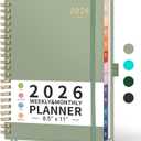 RETTACY 2026 Planner, Weekly and Monthly, Large Size (8.5" x 11"), Jan - Dec 2026, Agenda, Calendar, 12 Month Tabs, Flexible Plastic Cover, 100 GSM Thick Paper, Spiral-bound (Light Green)