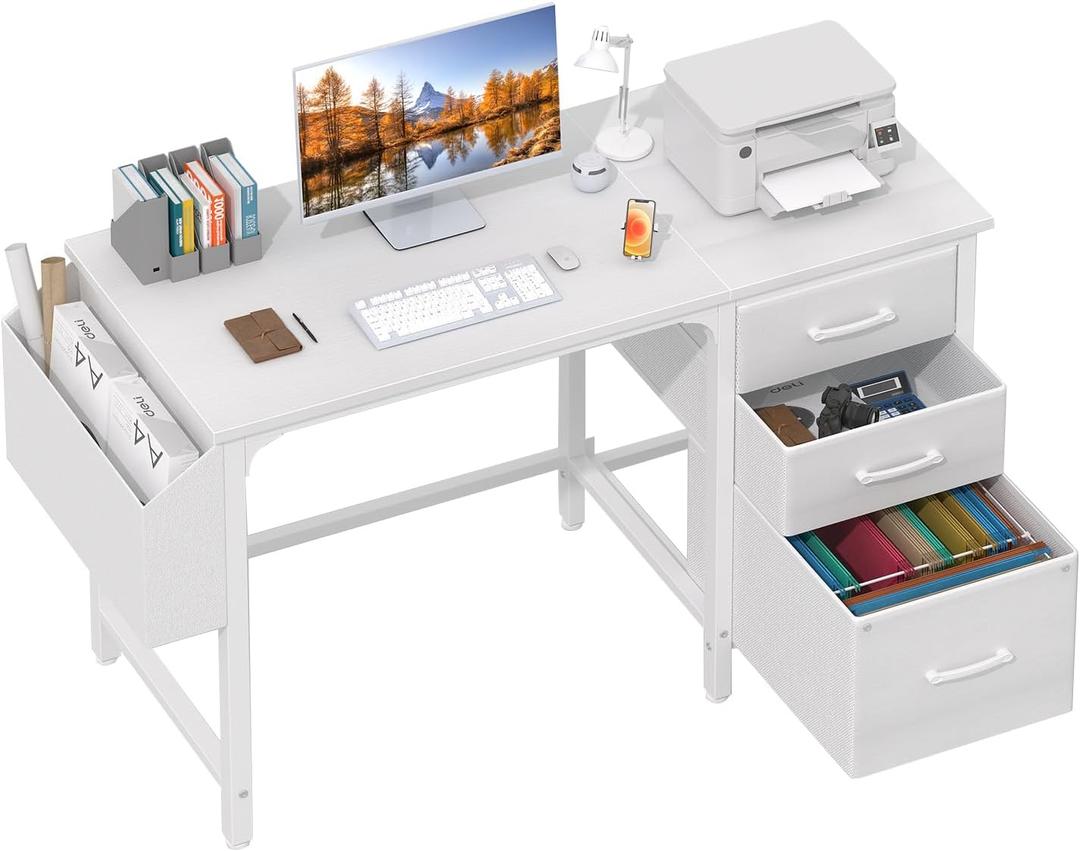Lufeiya White Desk with Fabric File Drawers Cabinet, 47 Inch Reversible Computer Desk with Filing Cabinet for Bedroom Small Space Home Office, Modern Writing Table PC Desks, White (46.6")
