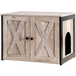 Dwanton Litter Box Enclosure, Cat Litter Box Furniture Hidden, Reversible Entrance Can Be on Left or Right Side, Wooden Cat Washroom Indoor, Greige, 27.6 Inches