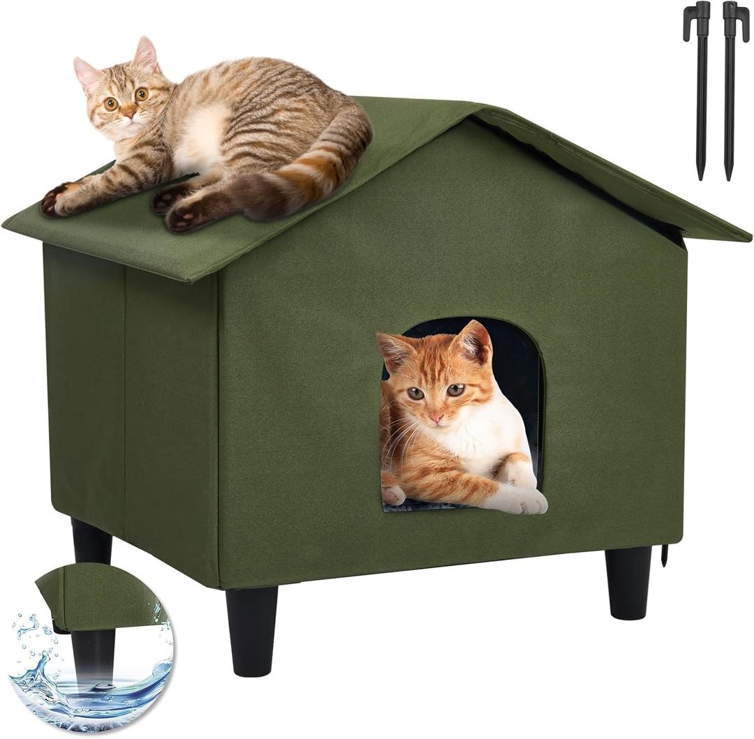 Outdoor Cat House Weatherproof with Self-Heating Mat - Elevated Feral Cat Shelter Outdoor Heated Cat Bed with 2 Escape Door, 20KG/44LBS Load, 2 Ground Nails, Large, 25"x21"