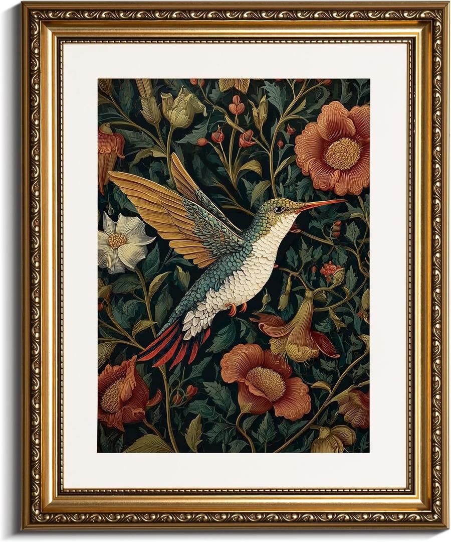 InSimSea Gold Picture Framed Wall Art, Living Room Vintage Moody Hummingbird Wall Decor, William Morris Botanical Canvas Print Art, Home Farmhouse Decor, Antique Paintings with Frame 13x16inch