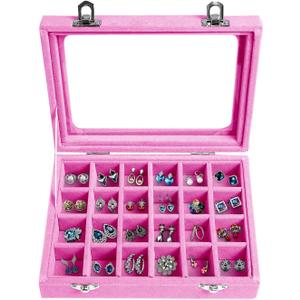 Velvet Jewelry Box 24 Grid Jewelry Earrings Display Organiser Box Ring Tray Holder Earrings Storage Case for Girls Wife Mom Women (Light Pink)