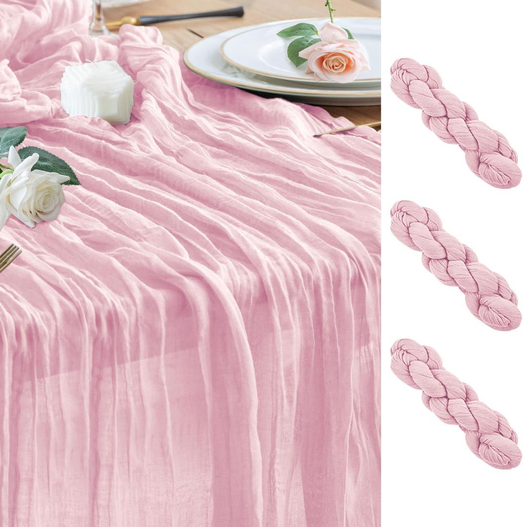 Wokceer Pink Cheesecloth Table Runner Spring 3Pack 10FT Blushing Pink Boho Gauze Easter Table Runner for Party Rustic Sheer Runners for Baby Bridal Shower Wedding