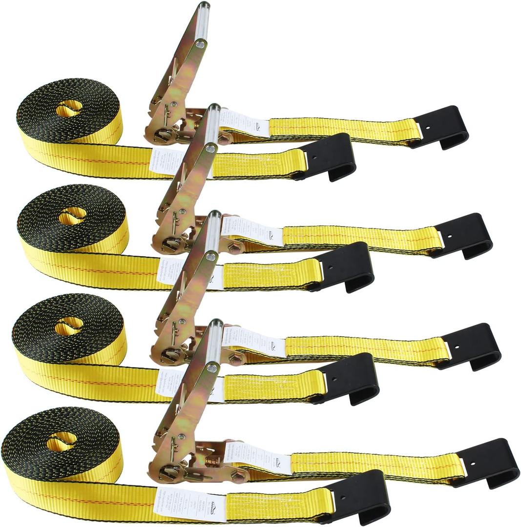 Flat Hook Ratchet Straps-Tie Down Straps Heavy Duty-2 Inch x 27 Feet-Weather Resistant Strap -3,333 Pound Working Load Limit-for Flatbed, Truck, Trailers Pickup(4 Pack) Yellow