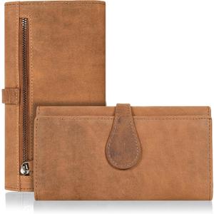 Real Leather Women Wallet Leather with RFID Blocking -Trifold Card Holder Designer Ladies Clutch with ID Window Wallets (Cognac)