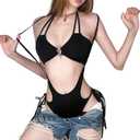 Hollow Out Women Bodysuit Summer Streetwear Outfit Gothic Jumpsuit T Shirt Short Sleeve Sleeveless (Size: L)