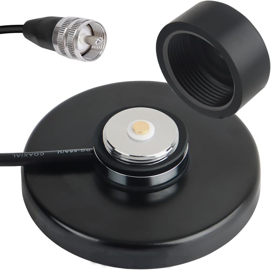 NMO Antenna Mount Magnetic Base 90mm with PL259 Male Connector, 16.4FT/5 Meters Coaxial Cable, Dust Cover Cap for HF VHF UHF NMO GMRS Mobile Car Truck CB Ham Radio Antenna