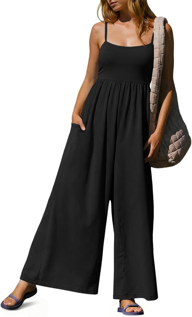 Fisoew Womens Summer Jumpsuits One Piece Casual Loose Overalls Spaghetti Strap Wide Leg Rompers with Pockets Workout Outfits (Black), S
