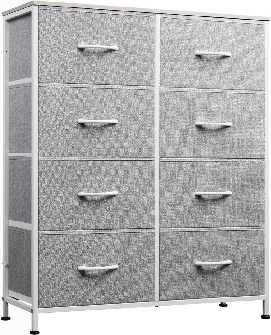 WLIVE Fabric Dresser for Bedroom, Tall Dresser with 8 Drawers, Storage Tower with Fabric Bins, Double Dresser, Chest of Drawers for Closet, Playroom, Dormitory, Light Grey