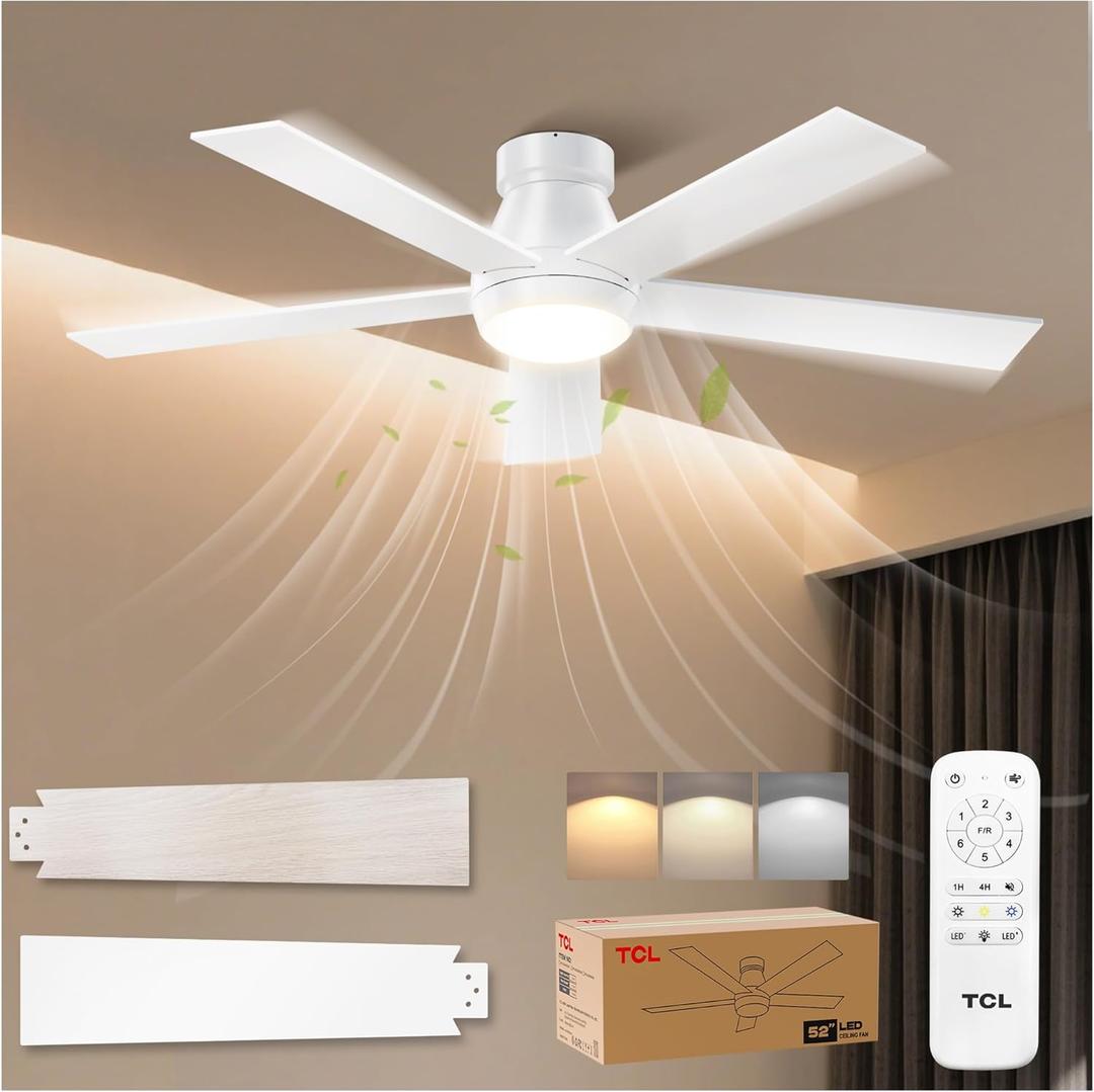 TCL 52" White Ceiling Fan with Light and Remote, Modern LED 3-Color, 3CCT, Quiet Motor for Bedroom, Living Room, Dining Room, Ceiling Fans with Lights (White)