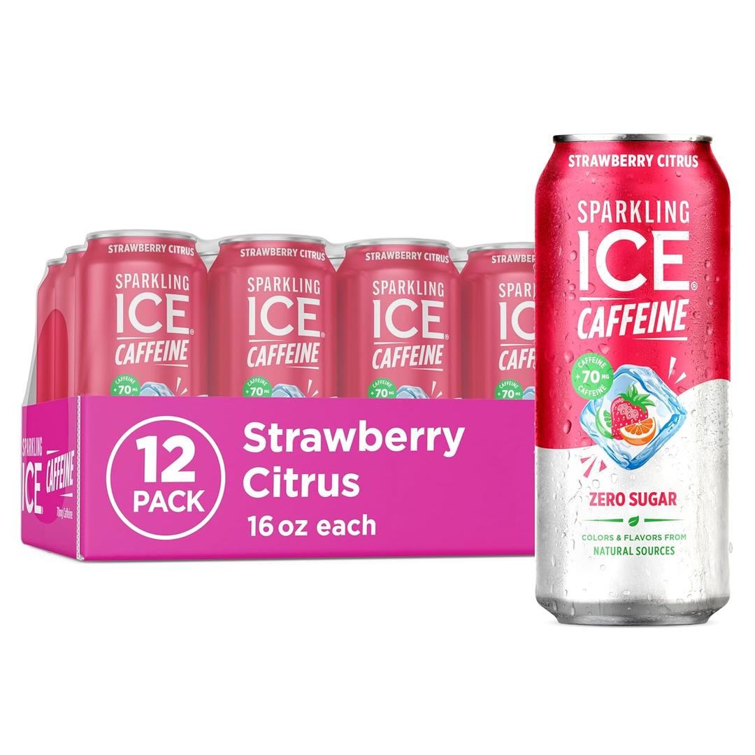 Sparkling Ice Caffeine Strawberry Citrus Sparkling Water with Caffeine, Zero Sugar, with Antioxidants and Vitamins,16 fl oz Cans (Pack Of 12) (EXP 04/13/27)