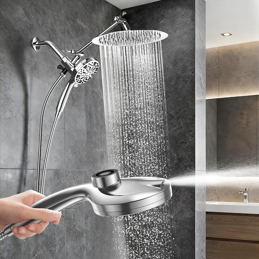 High Pressure Shower Heads,Rain Shower Head with Handheld Spray,10 Spray Modeswith Extension Arm (Silver, 12 Inch)