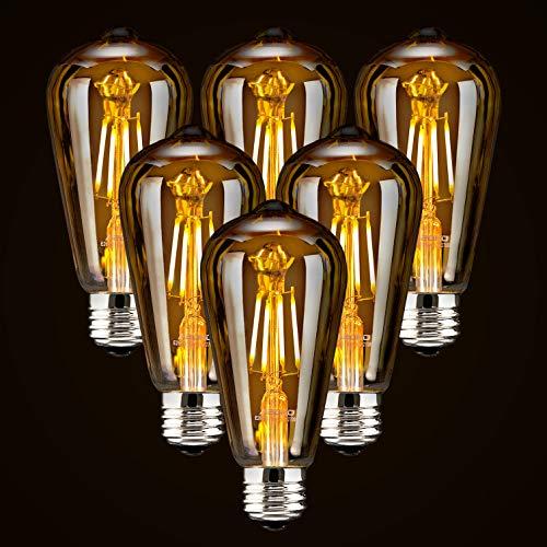 LED Dimmable Edison Light Bulbs 4W, 2200K-2400K Warm White (Amber Glass) ST64, E26 Base Pack of 5