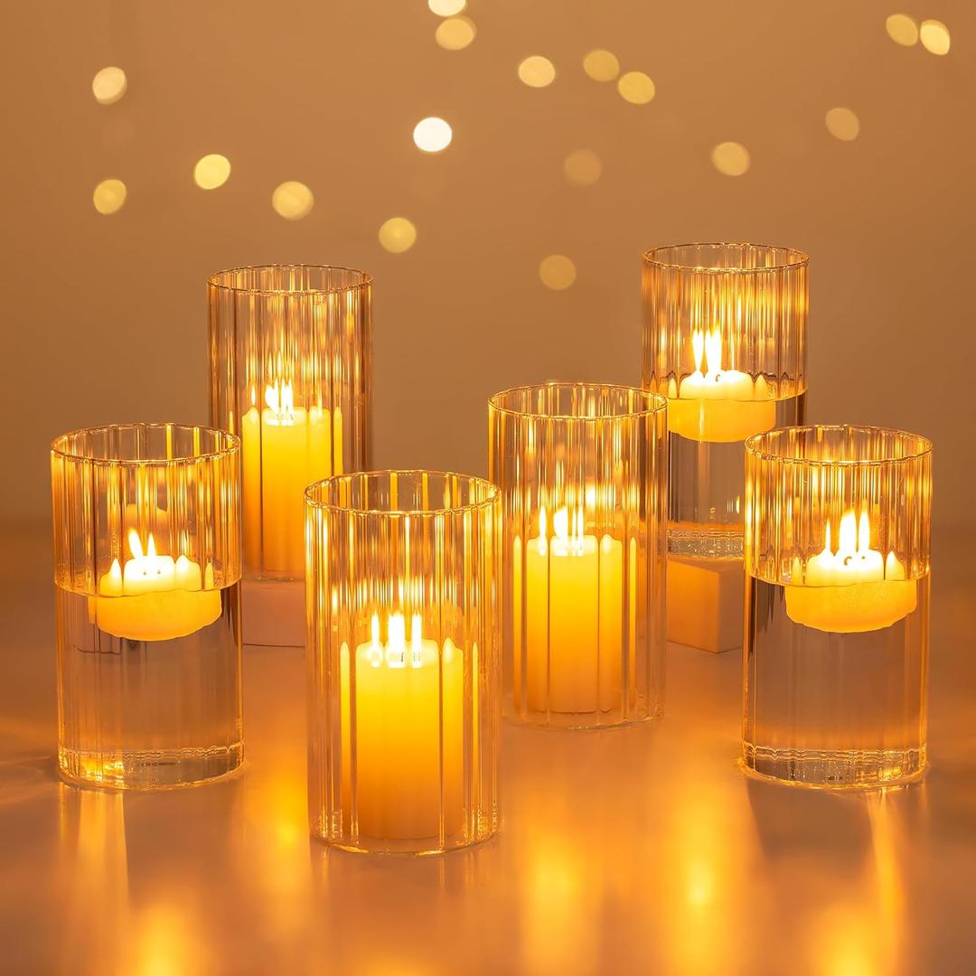 Glasseam Hurricane Glass Candle Holders: 6 Pcs Clear Candle Holders for Pillar Candles Ribbed Modern Candle Holder Decorative Cylinder Vases for Centerpiece Wedding Table Decoration 5.91 (D3.3'' x H5.9'')