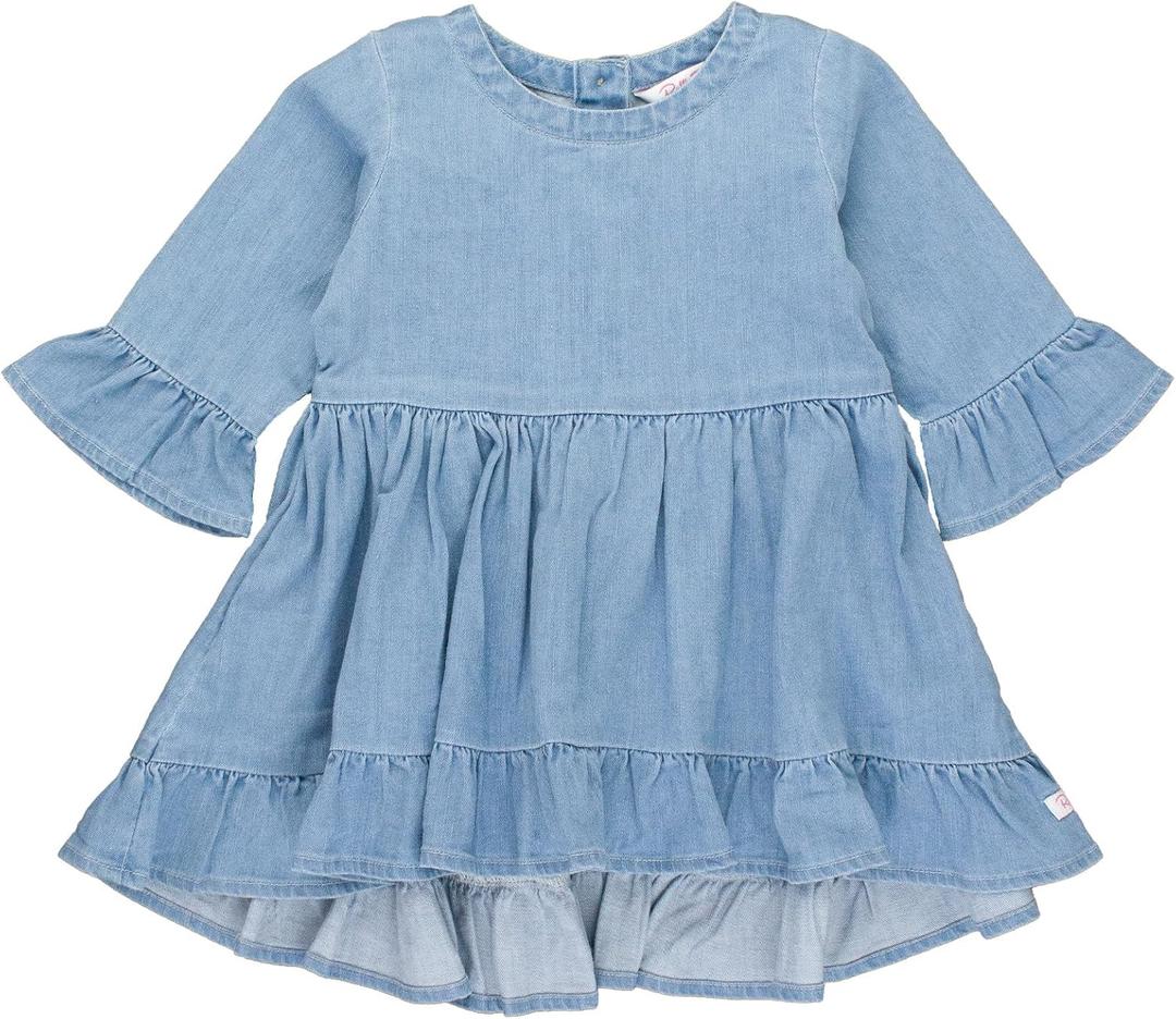 RuffleButts Baby/Toddler Girls Long Sleeve High Low Flowy Ruffle Tunic Top (3T, Light Wash Denim)