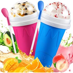 2 Pack Slushie Cup, Slushy Maker Cups, Magic Quick Frozen Squeeze Cups for Ice Cream Juice Milk Yogurt, DIY Smoothie Cooling Cup with Lid and Straw for Kids Friends Family (Blue and Pink)
