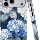 Case Compatible with iPhone 17 Pro Max,Glossy Hybrid 2-Layer Hard Shell,Shockproof Soft for Girl Women,Blue Hydrangea Floral Artful