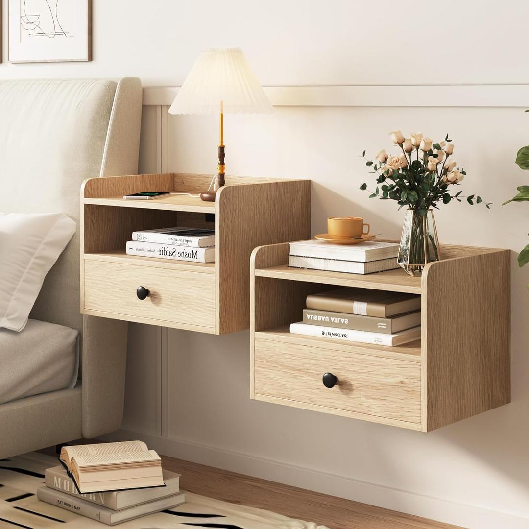 Floating Nightstand Set of 2 Modern Night Stands with Drawer and Open Shelf Cubby Small Bedside End Table with Charging Station Wall Mounted Nightstands Set 2 for Bedroom Natural, 2 pieces, 15.8" W x 11.5" L x 11.5" H