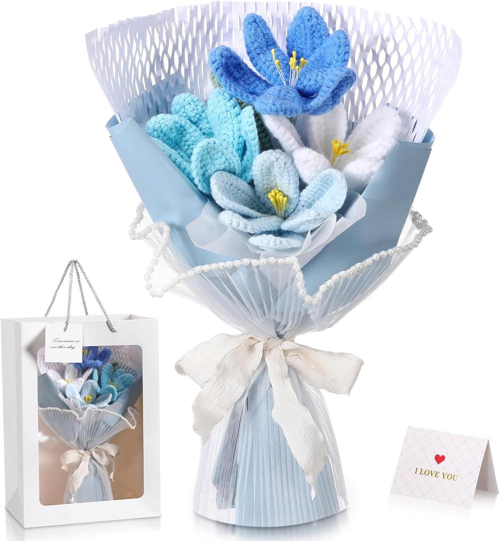 Graduation Crochet Flowers Bouquet Gift 2026 Congrats Grad Gift for Women Crochet Tulips Completed Handmade Bouquet with Card for Her Graduates Teacher Appreciation Nurse Birthday Decor(Blue)