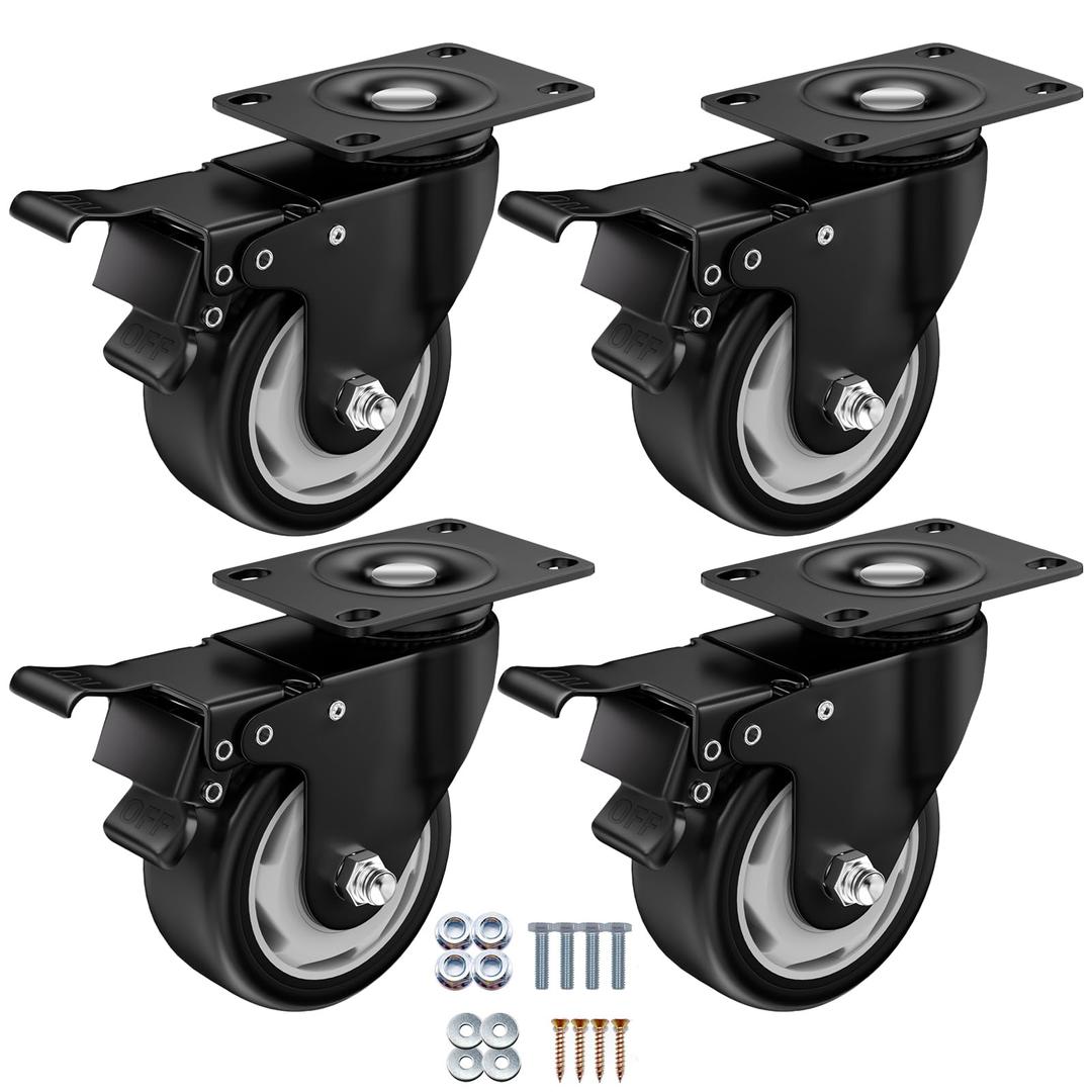 ASHGOOB 3" Heavy Duty Plate Casters, 1000 Lbs Dual Brake - Set of 24