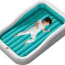 QPAU Inflatable Toddler Travel Bed with 3-Sided Safety Bumpers, Extra Large Kids Air Mattress, Includes Detachable Mattress, Portable for Camping, Travel, Home Use (Cyan)