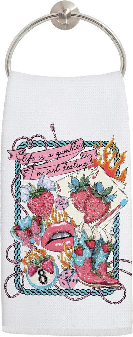 LADOCK Funky Strawberry Kitchen Towels, Coquette Pink Western Cowgirl Hand Towels for Bathroom Decor, Trendy Retro Cowboy Boots Hat Dish Tea Towels for Kitchen Decor, 16x24 Inch