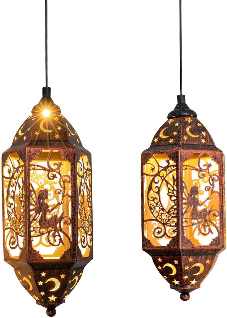 Go2garden 12.4" Outdoor Solar Lanterns Waterproof Garden Gifts Women, Moon Fairy Statue Solar Haning Lights for Patio, Yard Decorations, Mothers Day Gifts for Mom, Grandma(2Pack, Red Copper)