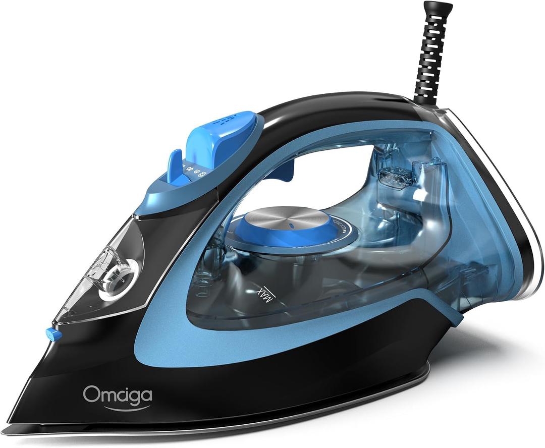 OMAIGA Steam Iron for Clothes, 1750W Clothes Iron Rapid Heating, Non-Stick Ceramic Soleplate, 3-Way Auto-Off, 15.21oz Water Tank, Self-Cleaning, Anti-Drip, Anti-calc Ironing Clothes for Home, Blue