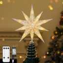 Lewondr Christmas Tree Topper Star, 13inch 10-Point Light Up Xmas Star Treetop with Plug and Remote Control for Home Christmas Decoration, 6H Timer & 8 Lighting Modes, Warm Light, Silver