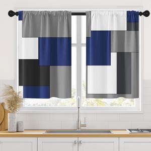 Dark Blue Kitchen Curtains 36 Inch Length Black Grey White Geometric Simple Style Window Short Tier Curtains Over Sink Set of 2, Modern Abstract Art Small Kitchen Decor 34x36 Inch