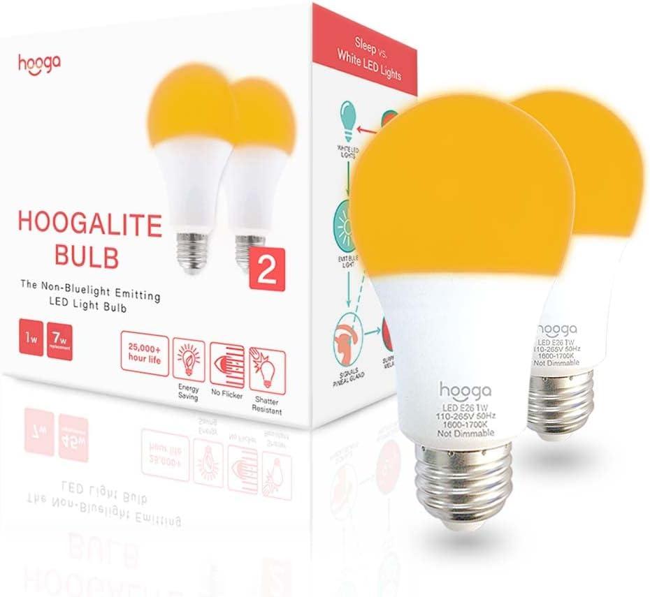 hooga Sleep Light Bulb, Amber Light Bulbs for Sleep Therapy, Blue Light Blocking, 1600K Dim Light Bulbs 7W Equivalent, Mood Soothing Light, E26 A19 Warm Light Bulbs for Bedroom, Nursery, 2 Pack.