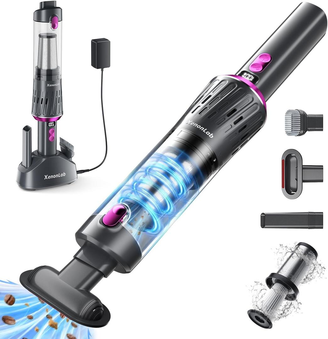 Handheld Vacuum Cordless 25000Pa Car Vacuum 3-in-1 Handheld Vacuum, Includes Smart Display and Charging Base Hand Vac Cordless Rechargeable One-Touch Empty for Home/Pet/Car (Violet)
