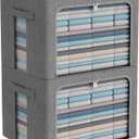 Extra Large Clothes Storage Bins - Linen Fabric Foldable Stackable Container Organizer Set with Clear Window & Carry Handles & Metal Frame (Dark Gray, Extra Large-100L)