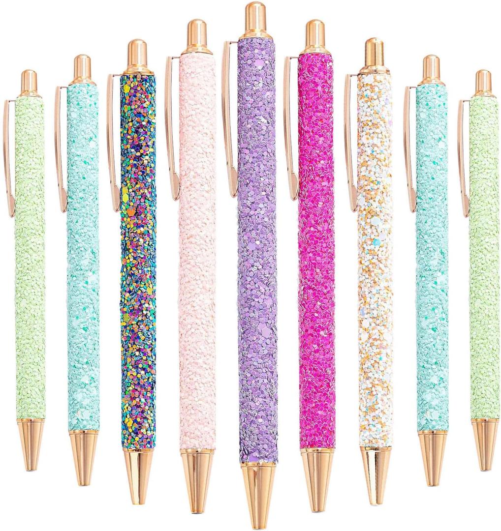 9 Pcs Fancy Pens for Women Glitter Colorful Ballpoint Pens Metal Retractable Pens Black Ink Medium Point 1.0 mm Pretty Cute Sequins Journaling Pen for Women Girls (Fresh Style)