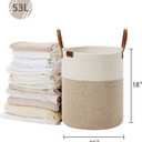 VIPOSCO Tall Laundry Basket, Large Dirty Clothes Hamper with Leather Handle, Woven Rope Storage Basket for Blanket, Toy In Living Room, Bathroom, Bedroom - 53L White & Brown