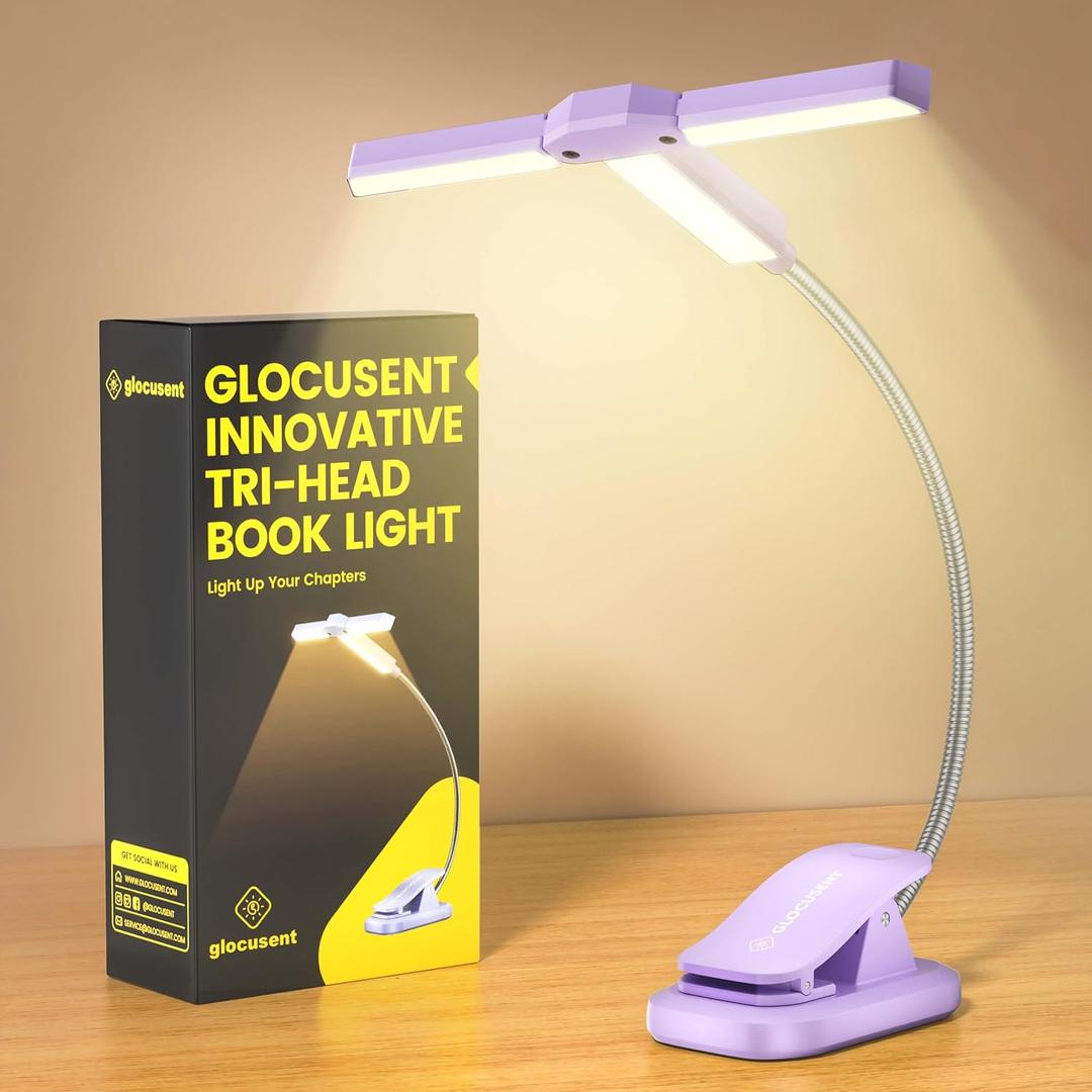 Glocusent Innovative Tri-Head Book Light for Reading in Bed, 3 Colors & 5 Brightness Levels, 1000mAh Rechargeable Reading Light with 30-Min Timer, 10-100Hrs, Partner Friendly, Perfect for Book Lovers (Purple)