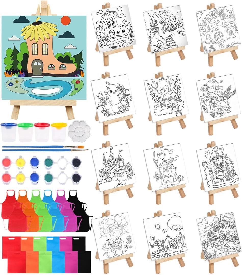 iNtOnly 12 Set Pre Drawn Canvas for Painting, Sip and Paint Kit Set, Paint Party Supplies Favors, Kids Painting Set (with Apron Bag)