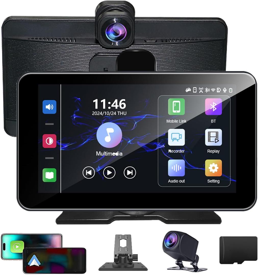 Wireless Carplay Screen for Car, 7'' Portable Car Play with Backup Camera, 4K Dash Cam, for Apple Carplay & Android Auto, GPS Navigation, Car Audio Receivers Bluetooth/Mirror Link/FM/Siri 64G