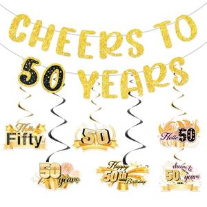 50th Anniversary Decorations Banner Cheers to 50 Years Gold Glitter Banner and Hanging Swirls Happy 50 Years Old Birthday 50th Wedding Anniversary Supplies Decor for Women Men