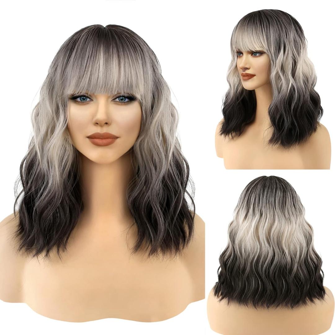 FAELBATY Short Brown Ombre Grey Wig Short Wave Bob Wigs for Women With Bangs Shoulder Length Synthetic Cosplay Party Wig for Girls Costume Wigs (12" 60R) (Ombre Black to White Blonde)