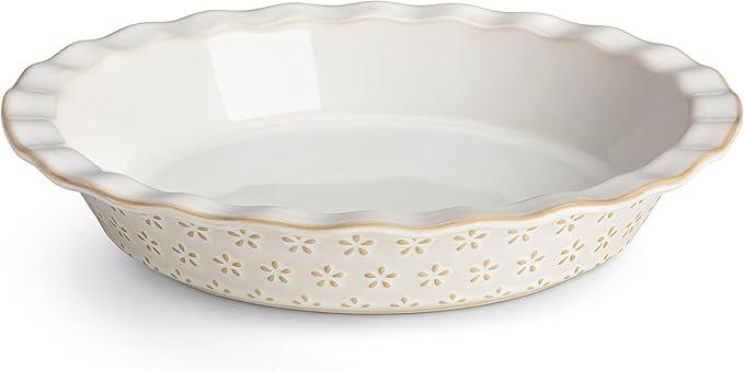 MALACASA Pie Dish for Baking, Stoneware Pie Pan 9 Inch, Embossed Deep Dish Pie Pans, 45 OZ Round Baking Dish Pie Pan, Fluted Dish Pie Plate for Apple Pie, Quiche and Tart, Set of 1, Series LYDIA